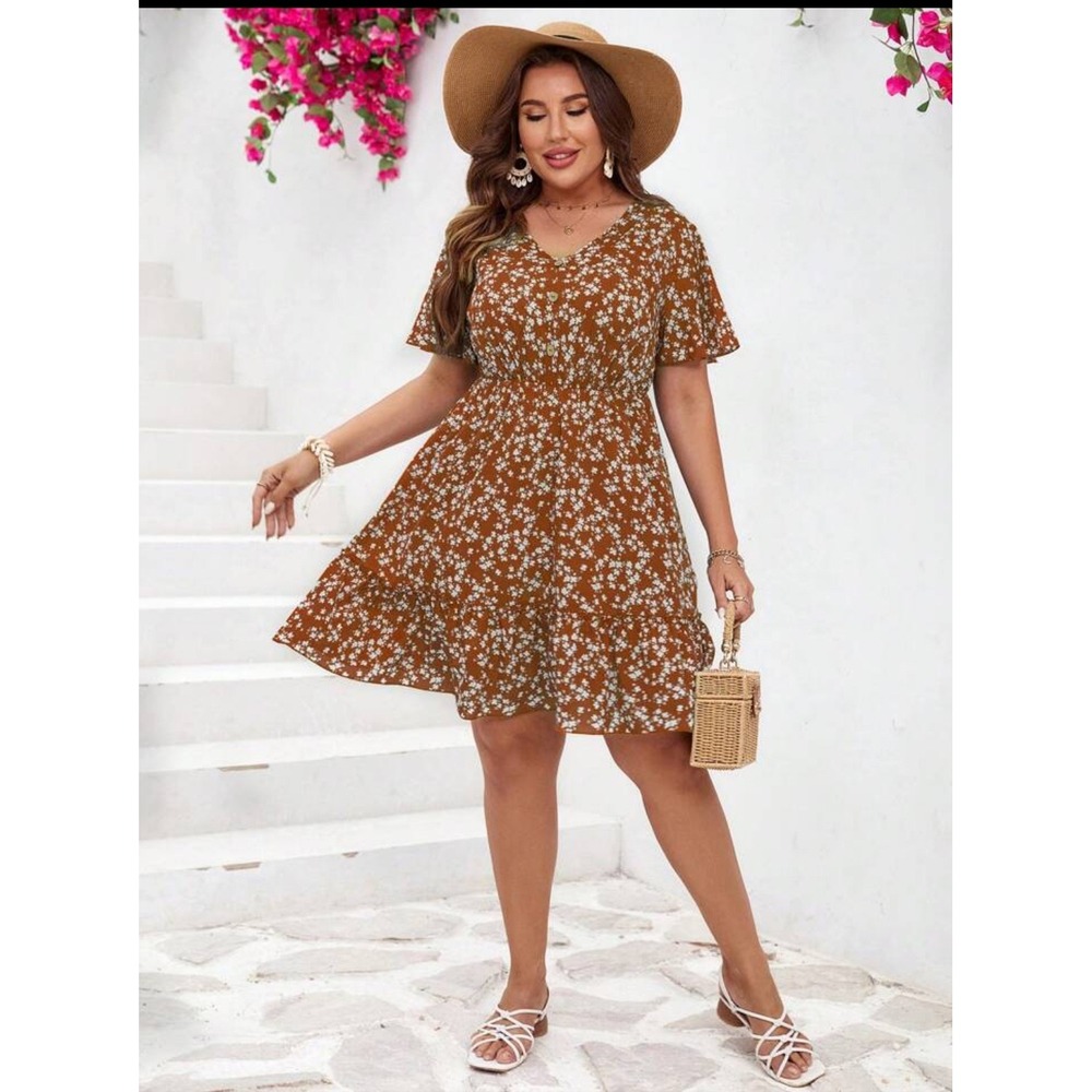 Women 1XL Plus Ditsy Floral Ruffle Vacay Babydoll Summer Boho Dress Beach Resort